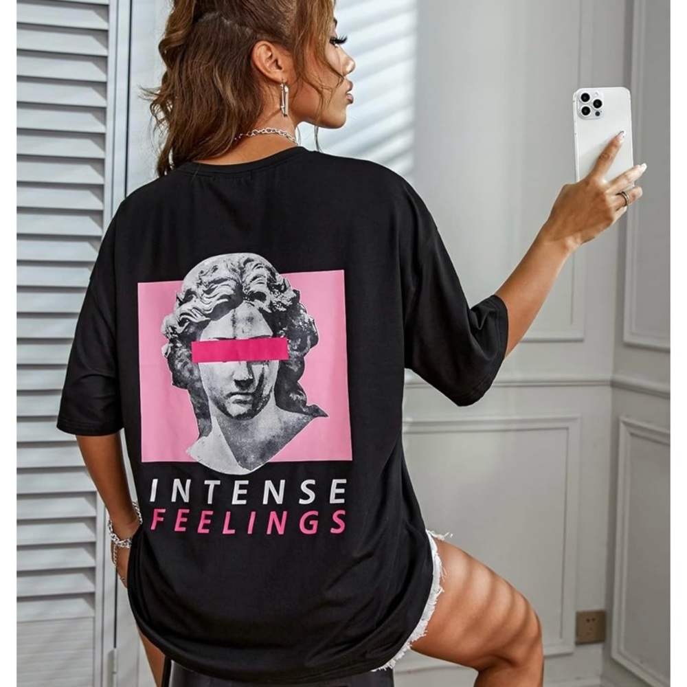 Black Graphic T-Shirt with Pink Design